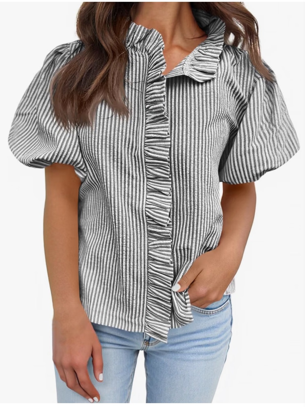 Amazon Black and White Striped Puff-Sleeve Button-Front Blouse